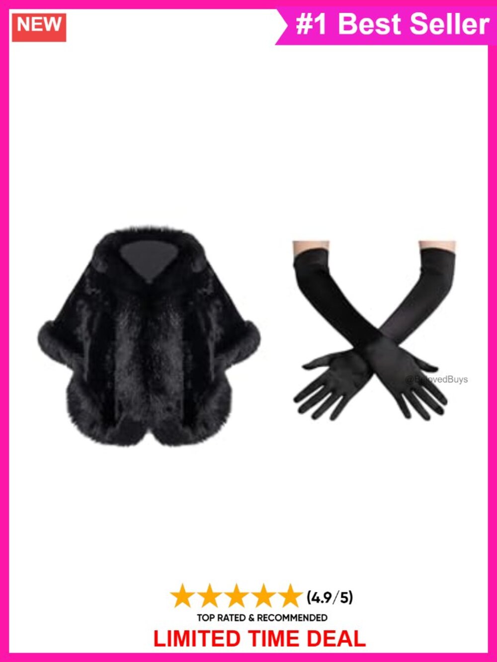 Faux Fur Shawl Wrap Evening Cape & Elbow Length Satin Gloves Set Formal